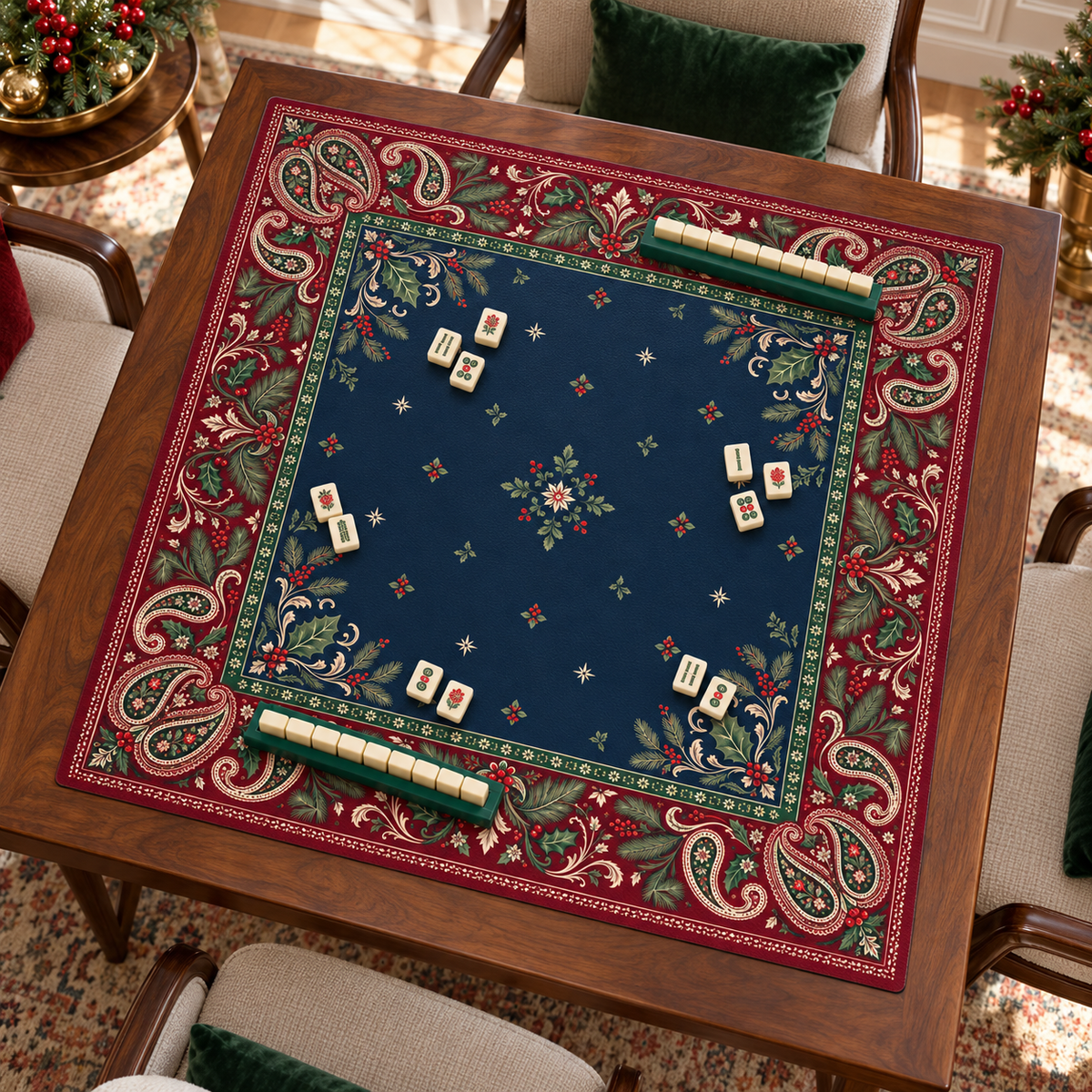 Styled mockup of Holiday Paisley leatherette mahjong mat on a holiday game table; tiles and racks not included