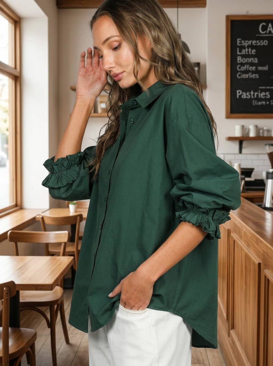 Hunter green cotton shirt with ruffle cuff details, stylish top from Vine & Love.