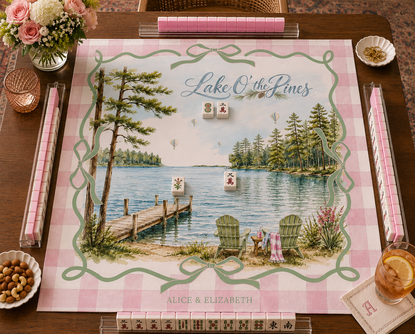 Lake O' the Pines mahjong mat styled on a game table