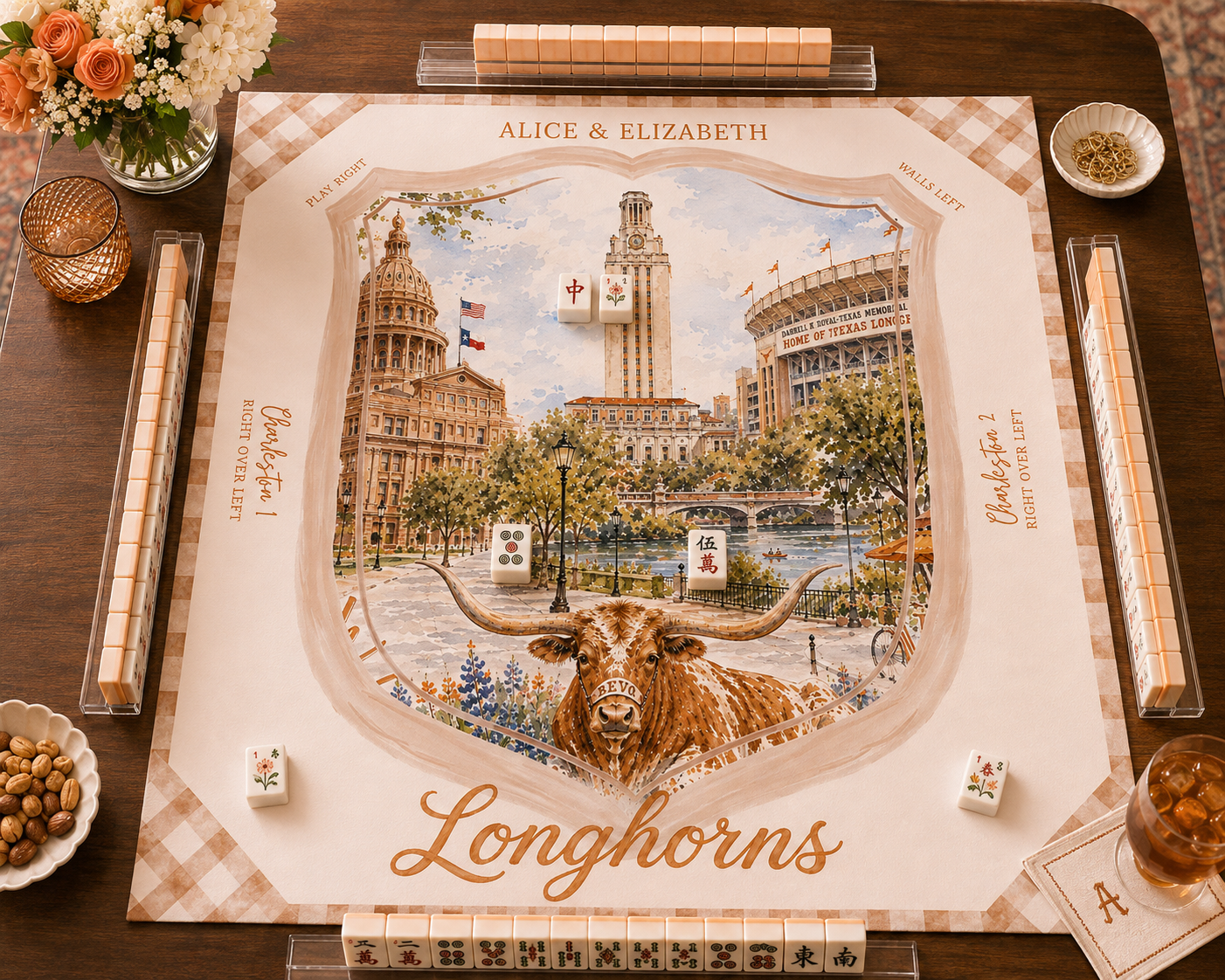 Longhorns mahjong mat styled on a game table