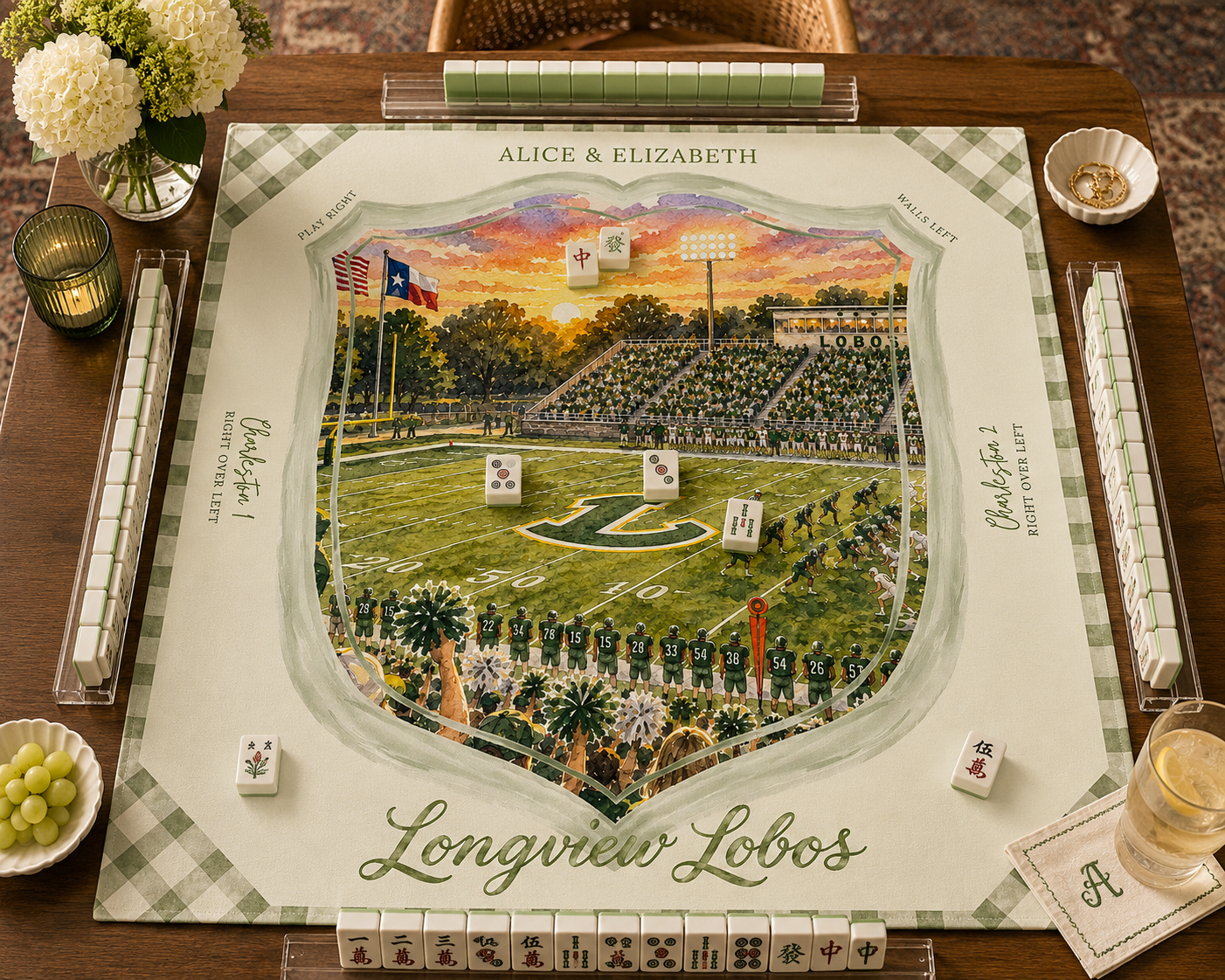 Longview Lobos mahjong mat styled on a game table