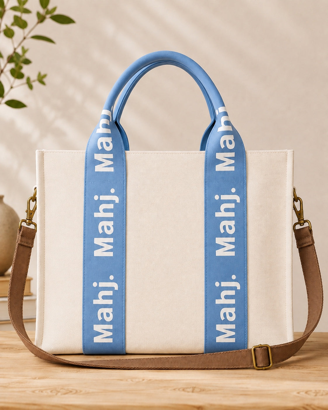 The Mahj Bag in Blue, front view with shoulder strap