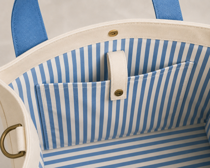 The Mahj Bag in Blue, striped interior