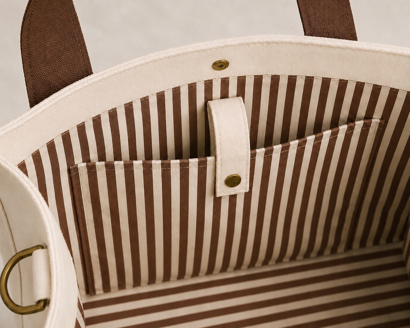 The Mahj Bag in Brown, striped interior