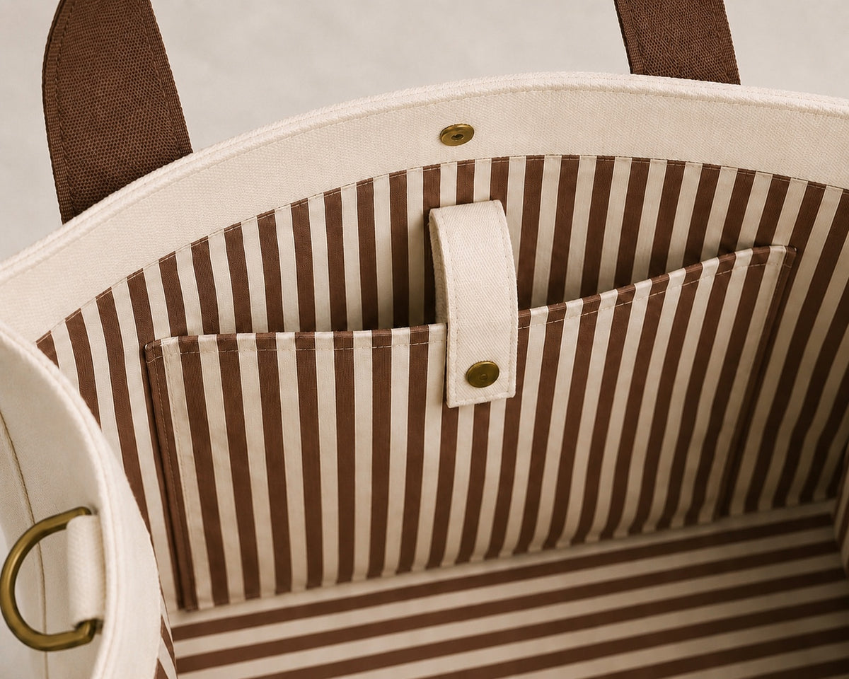 The Mahj Bag in Brown, striped interior
