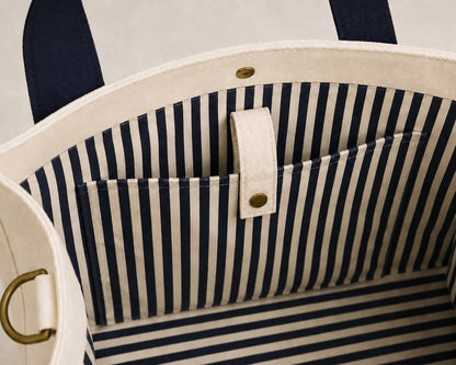 The Mahj Bag in Navy, striped interior