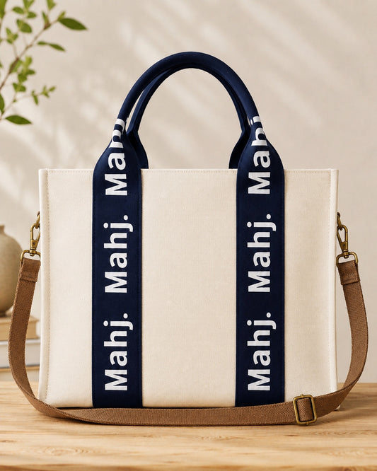 The Mahj Bag in Navy with shoulder strap