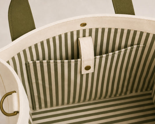 The Mahj Bag in Olive, striped interior