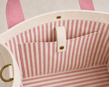 The Mahj Bag in Pink, striped interior
