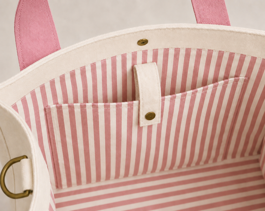 The Mahj Bag in Pink, striped interior