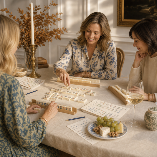 Women learning American Mahjong together in a warm, elegant fall social-club setting