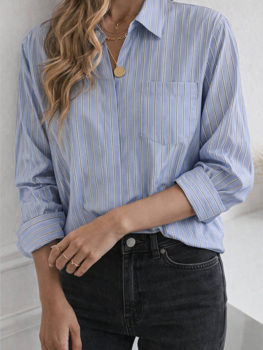 Mila blue contrast back stripe shirt by Brad & Rena Apparel, viewed from the back