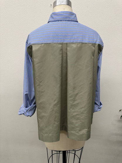Mila blue contrast back stripe shirt by Brad & Rena Apparel, showing its striped back detail