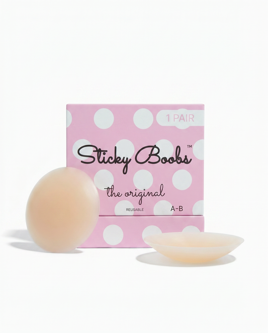 Sticky Boobs adhesive silicone nipple covers in light beige, designed for discreet, reusable coverage underneath clothing.