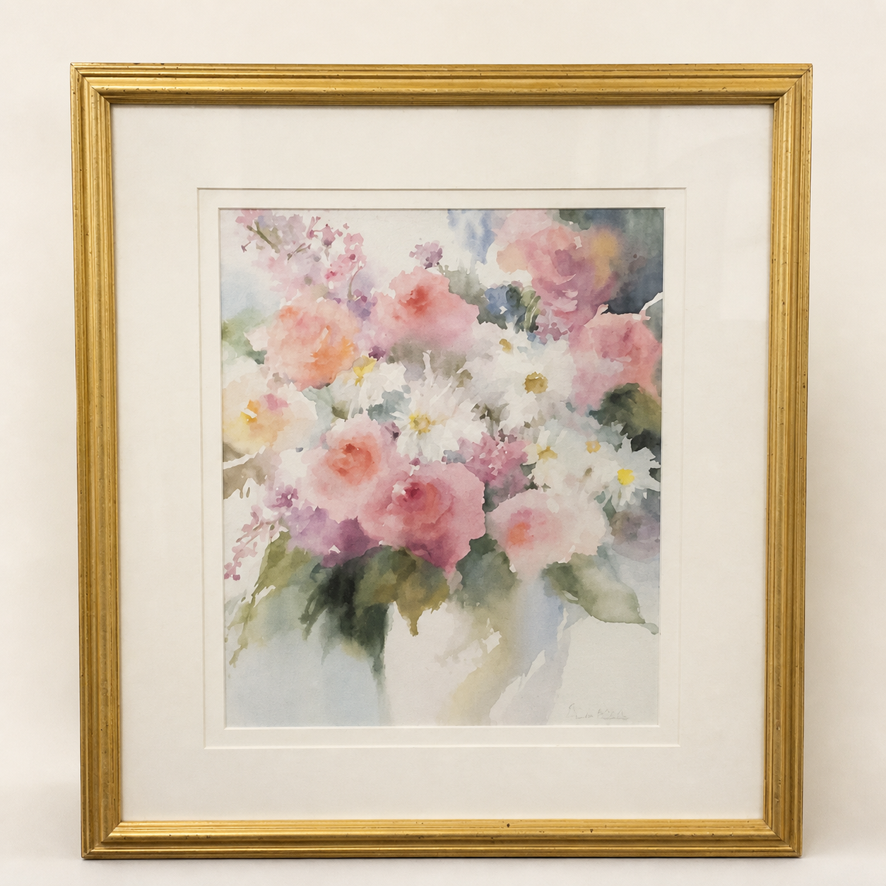Signed Janet Rogers floral watercolor in gold frame on an ivory studio background