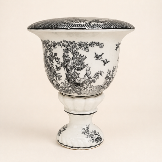 Black-and-white toile rooster pedestal urn on an ivory studio background