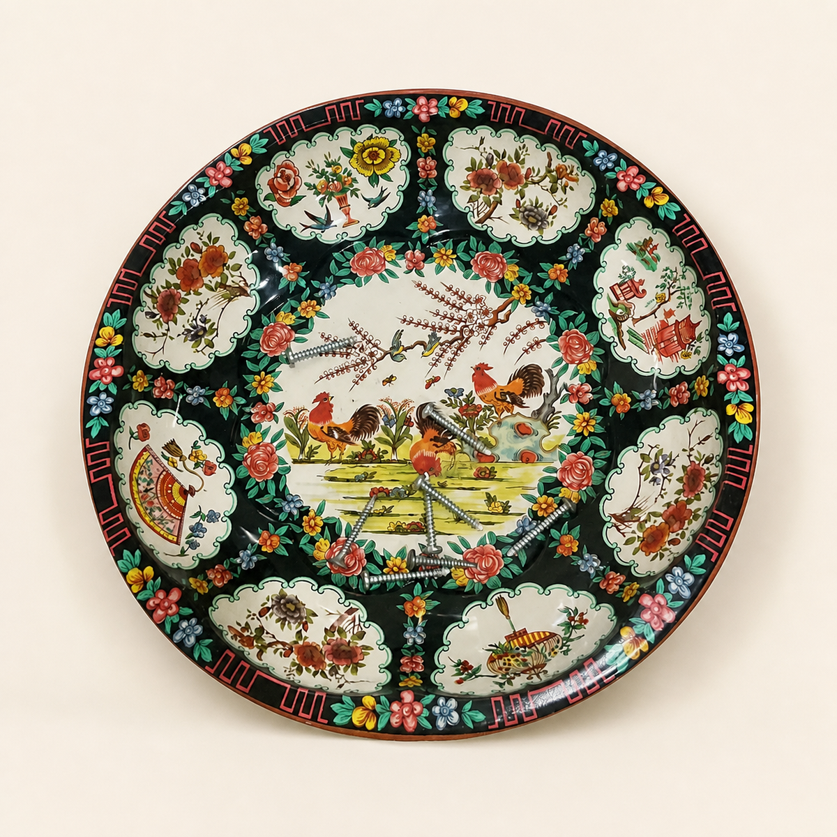 Rooster and floral decorative plate with display hardware on an ivory studio background