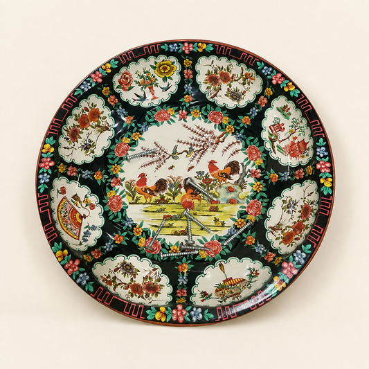 Rooster and floral decorative plate with display hardware on an ivory studio background