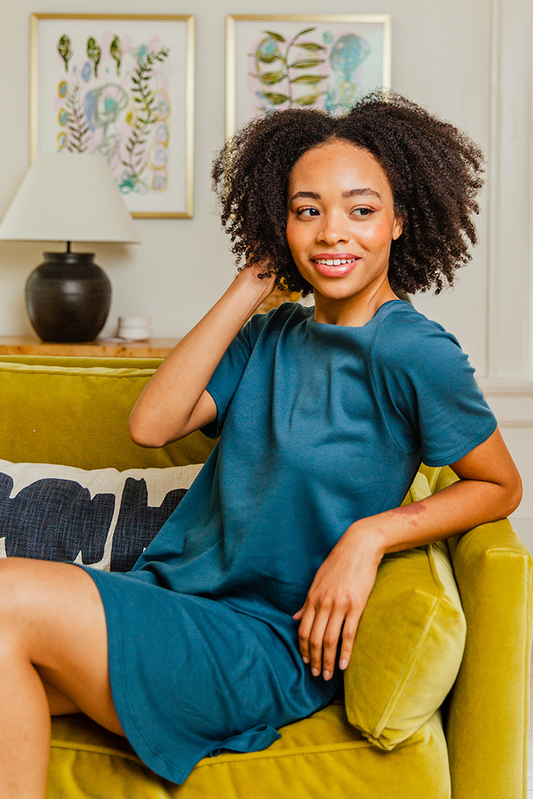Women’s Pima cotton T-shirt dress by Leena & Lu, featuring a casual, comfortable fit with a soft fabric and simple design.