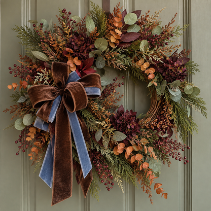 Lush fall and holiday wreath with burgundy foliage and velvet bows